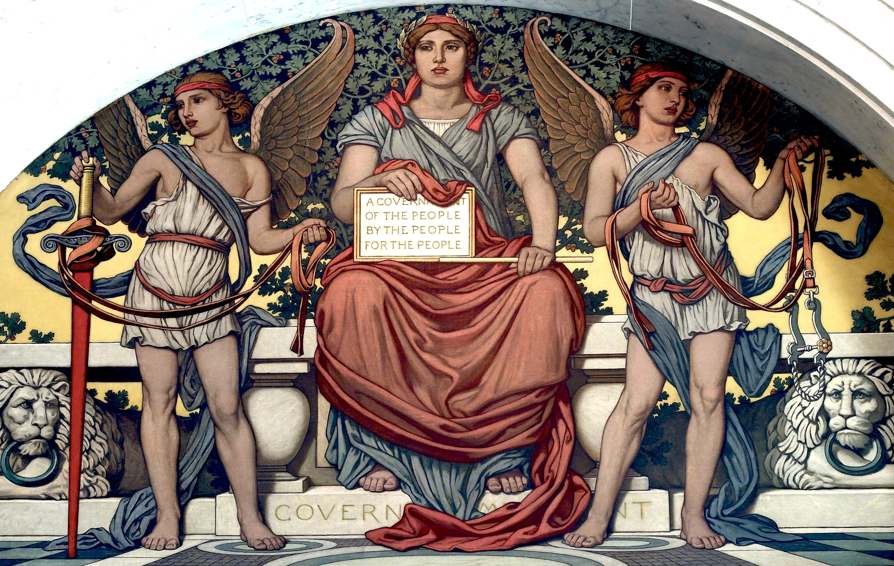 Allegorical mural with the inscription: a government of the people, by the people, for the people